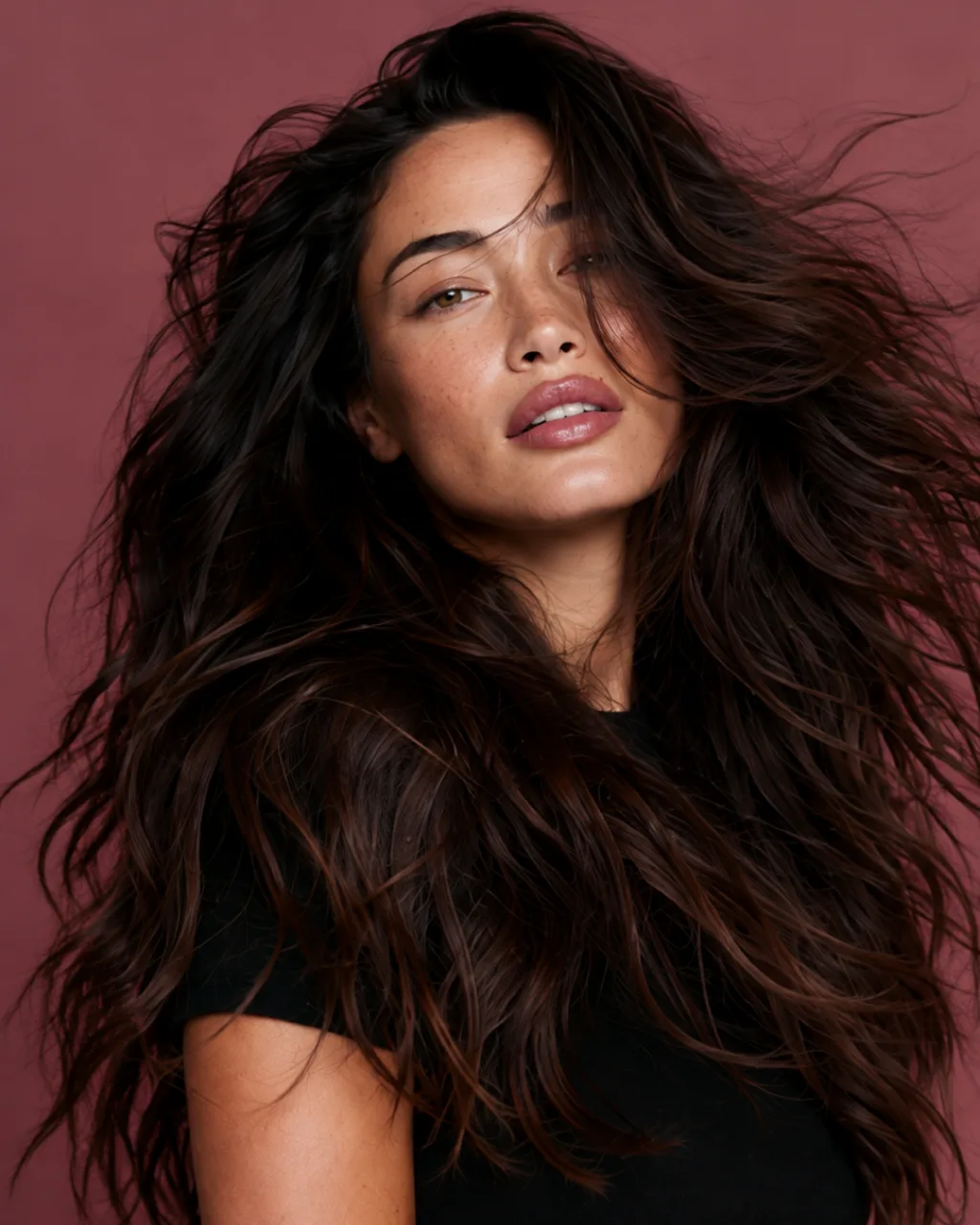 Avon Advance Techniques concept campaign, model with long glossy dark hair against a plum backdrop