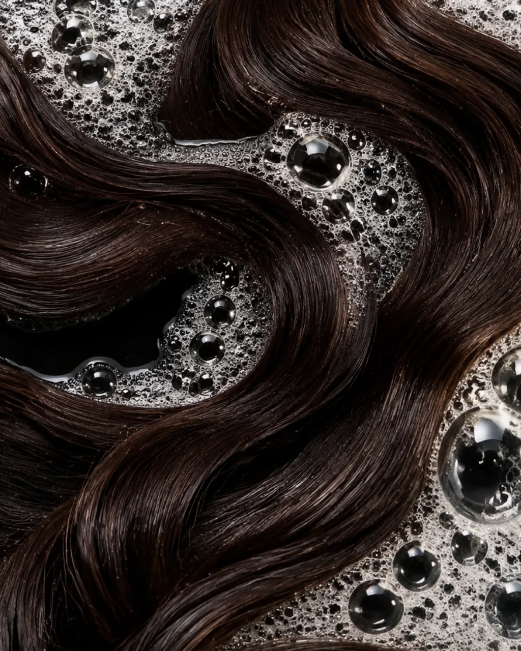 Macro of lather on dark hair