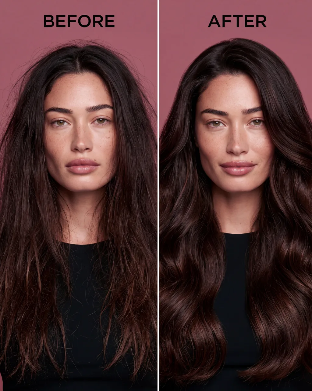 Before and after, the same face and hair side by side