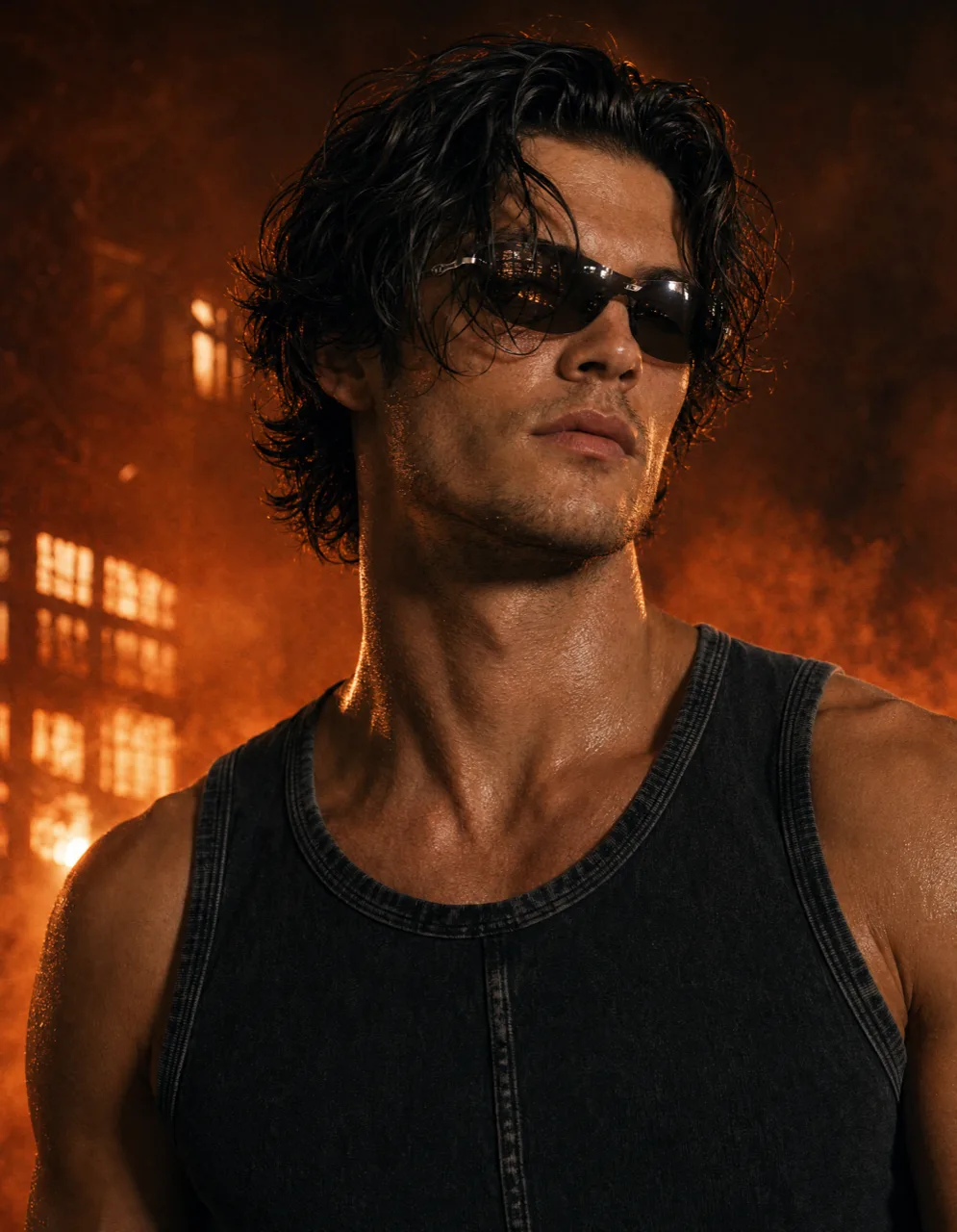 Portrait in sunglasses and a black tank top against the fire