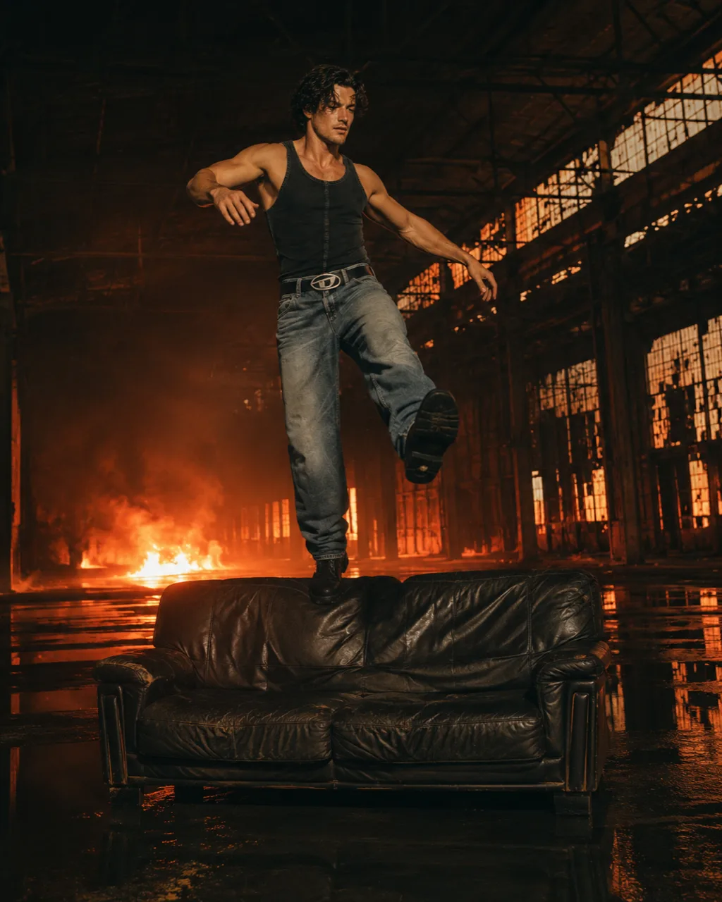 Model leaping from a leather sofa in the burning warehouse