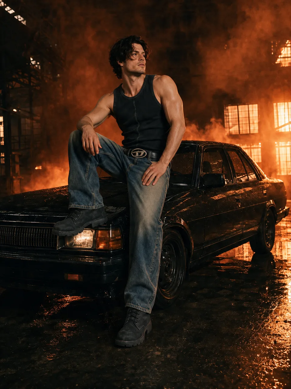 Model seated on a car bonnet in the yard