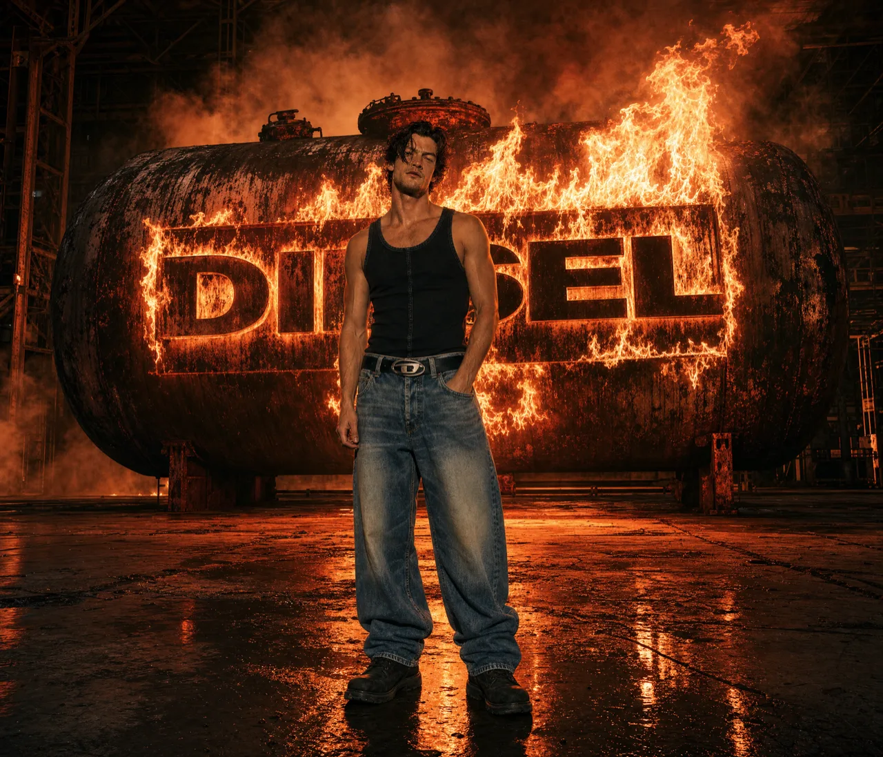 Model in front of the Diesel sign in flames
