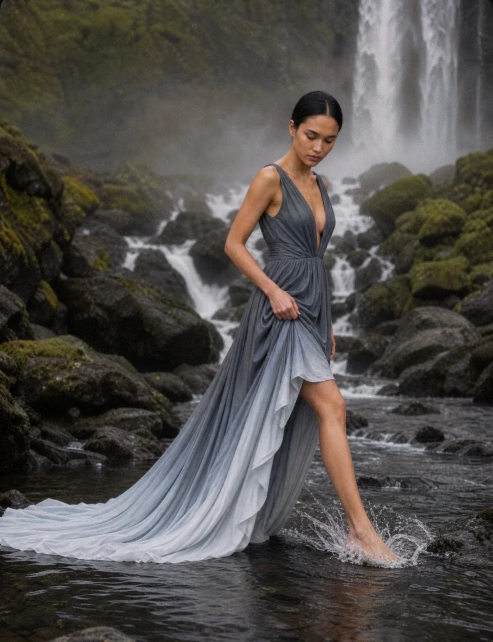 Model in a glacial blue ombre gown stepping into shallow water below a waterfall