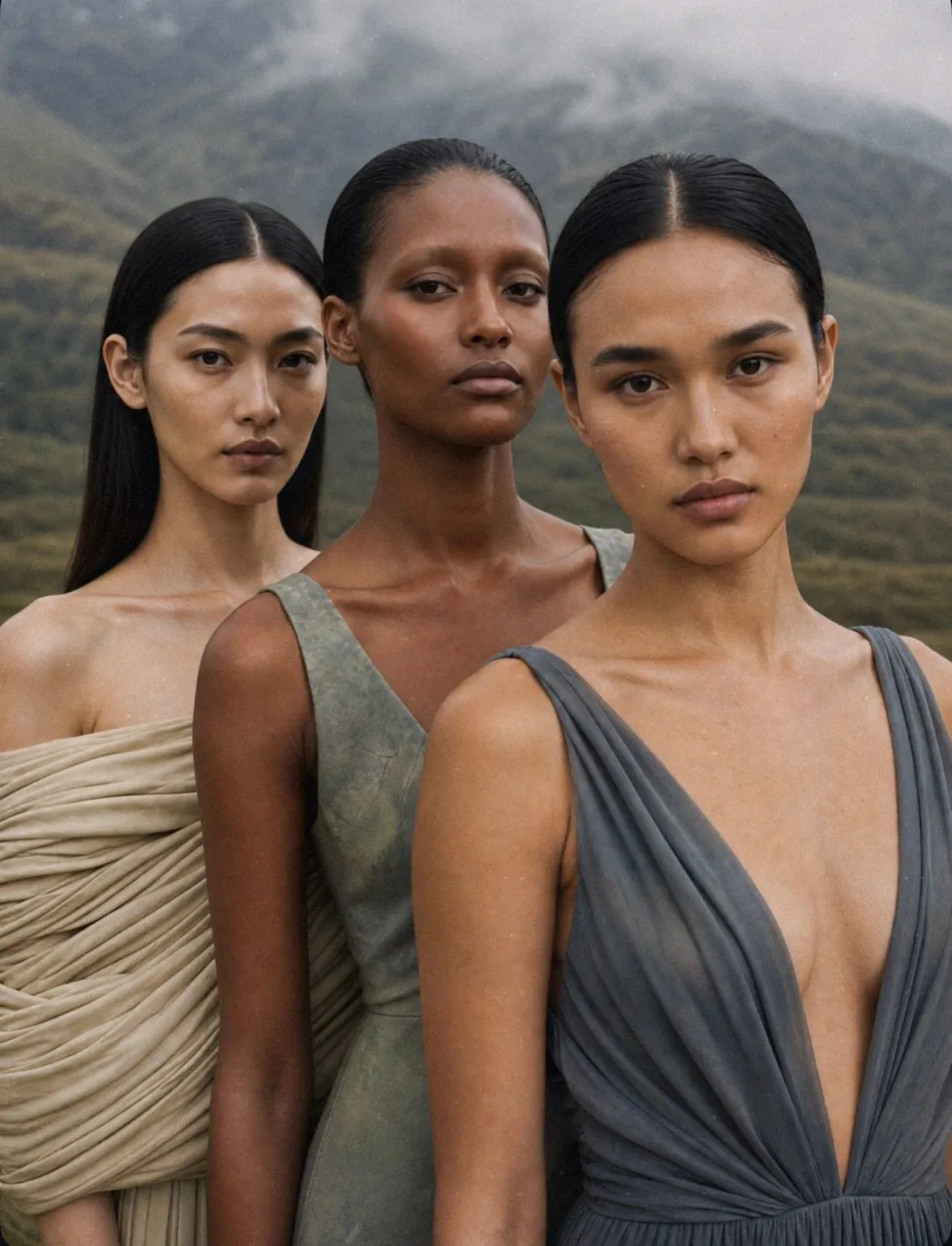 Close portraits of three models from the cast against misted Highland hills