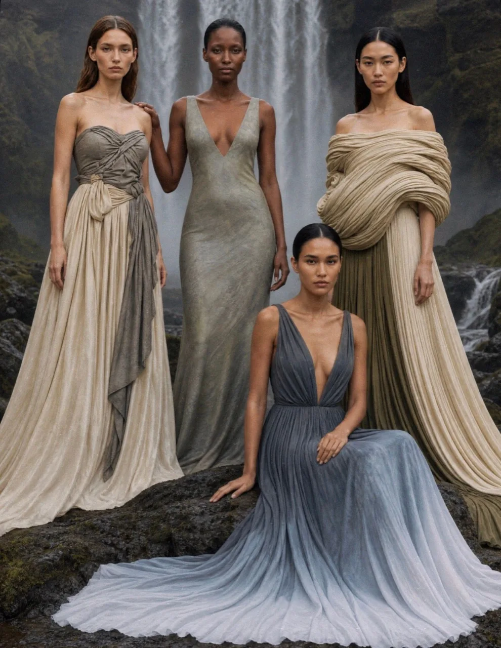 Four models in draped gowns of stone, sage, peat and glacial blue standing together at the foot of a waterfall