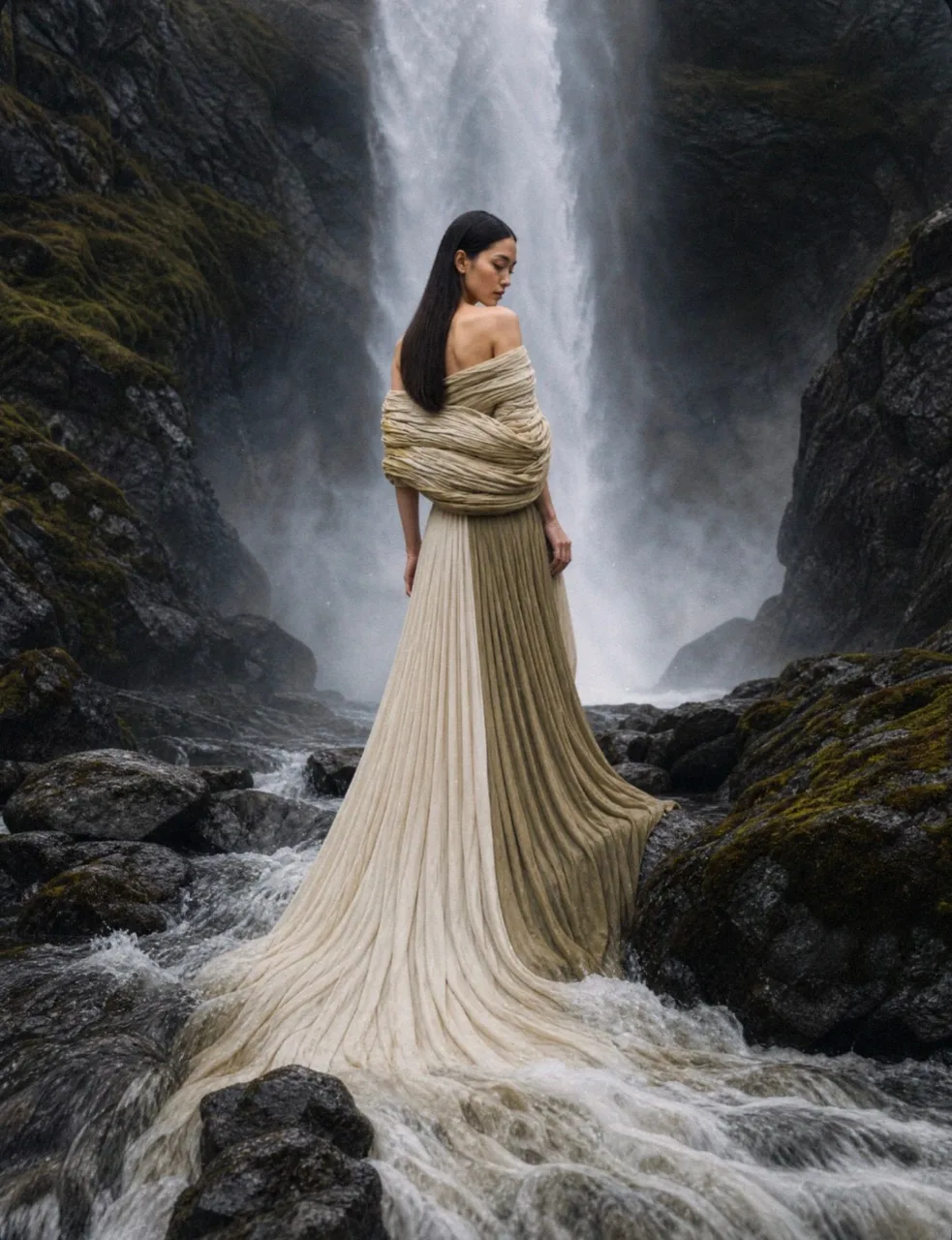 Model seen from behind in a cream pleated gown with a wrapped shoulder, standing in the spray of a waterfall