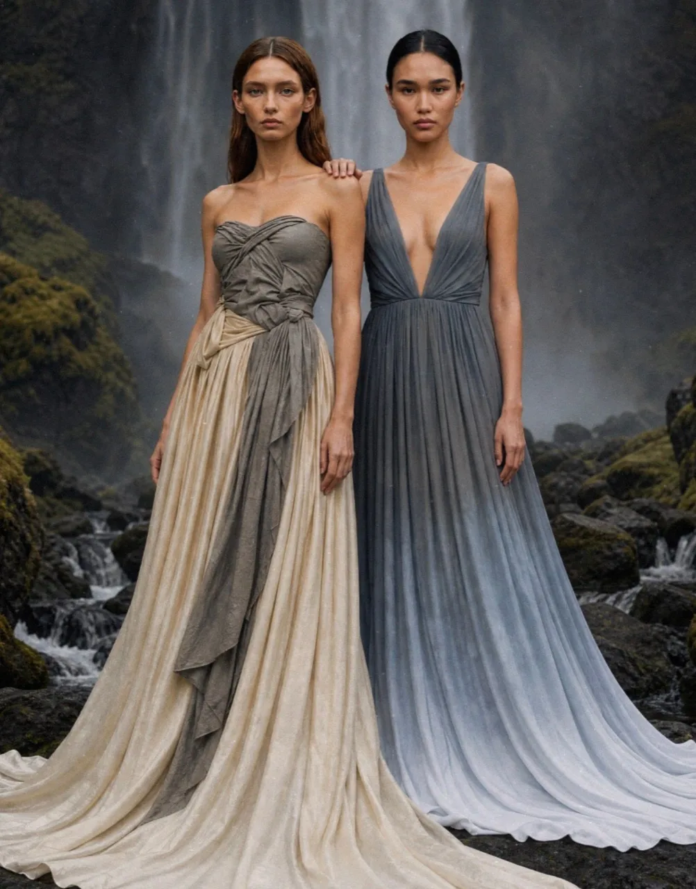 Two models at the falls, one in a stone and cream gown, one in glacial blue