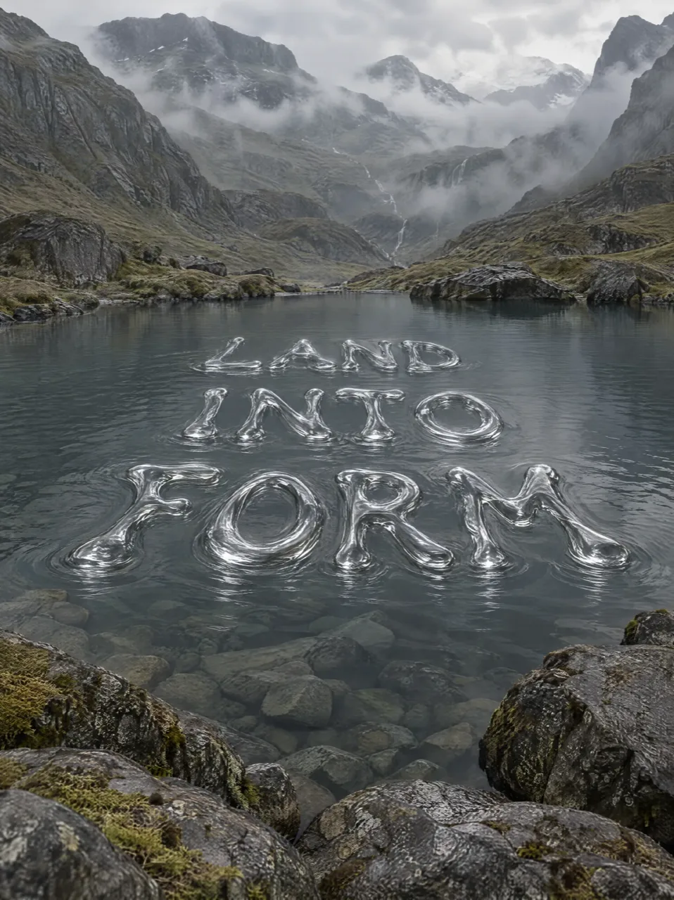 LAND INTO FORM key visual: the collection name in liquid chrome lettering floating on a still mountain lake in the Scottish Highlands