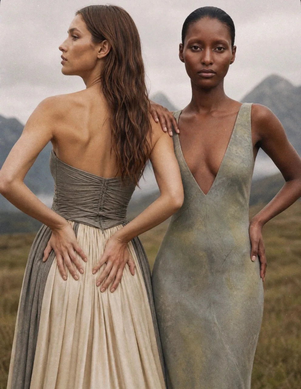 Two models on open moorland, one in a taupe corset and cream skirt, one in a sage gown