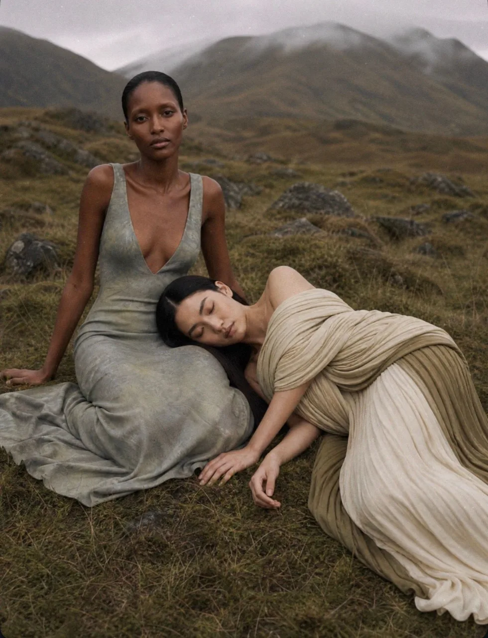 Two models resting on mossy ground, one lying against the other, hills behind