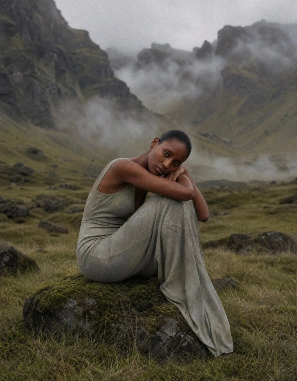 Model alone on a rock in a sage gown, knees drawn up, mist filling the valley