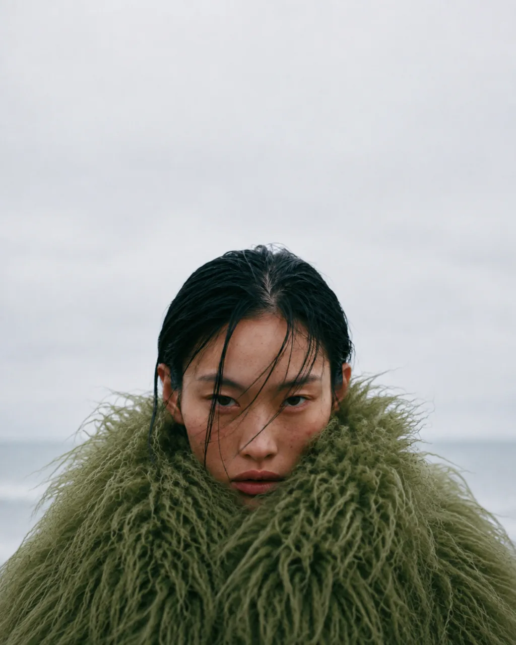 Model half hidden in the coat's collar