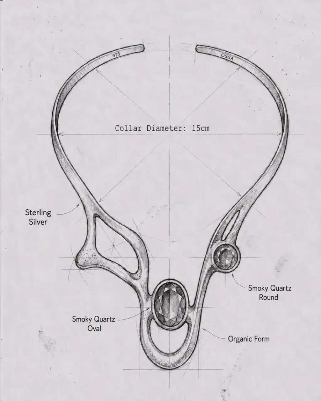 OSSA concept sketch of the necklace, annotated with the collar diameter and the stones