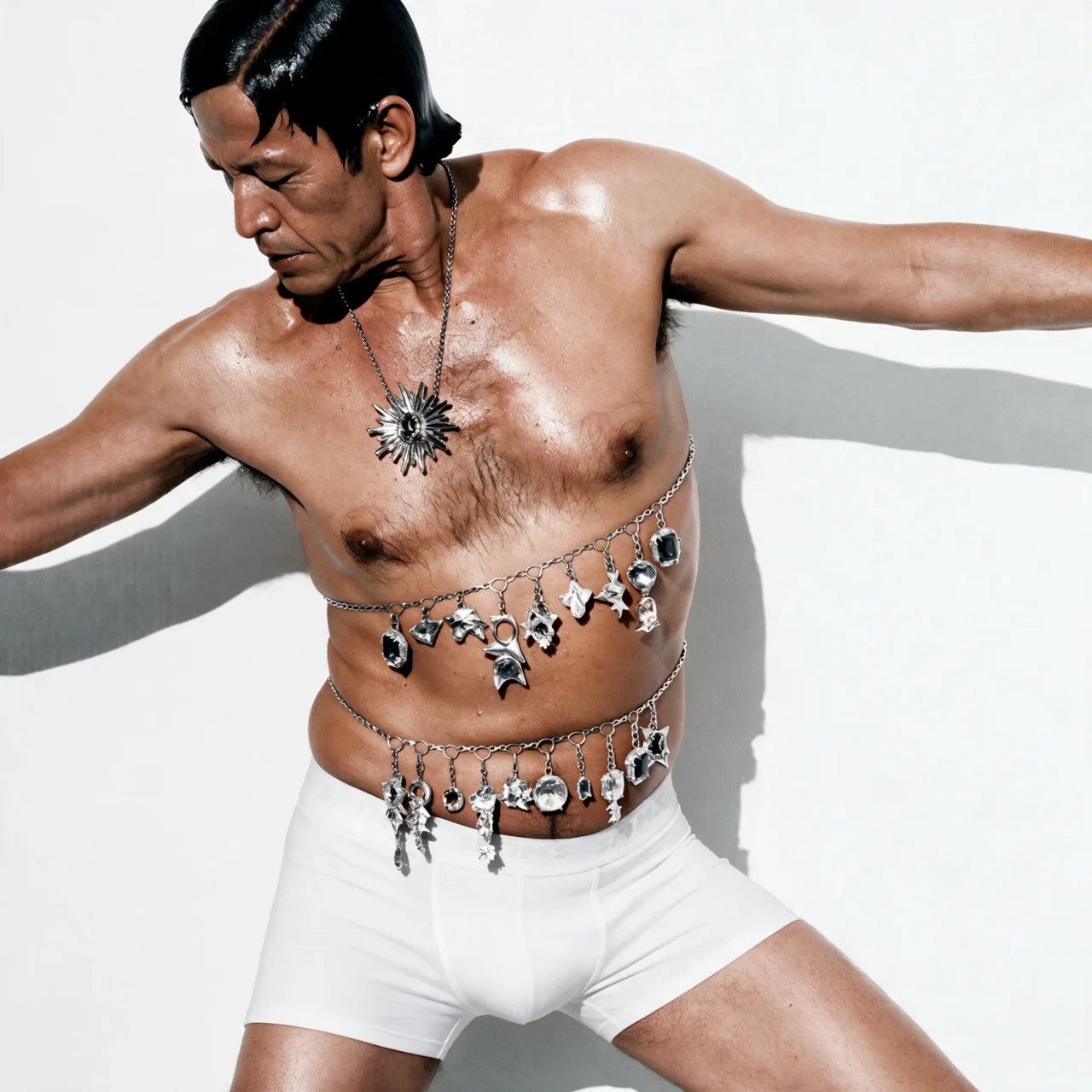 Model with arms outstretched in white boxers, a sunburst pendant and two charm belts across the torso