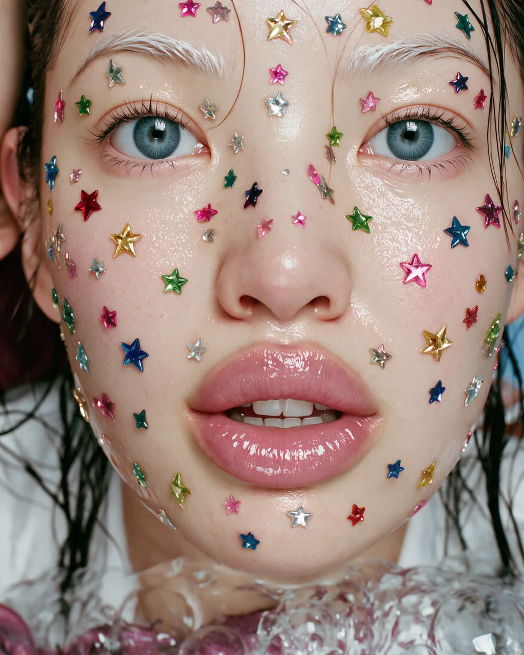 Macro of the face covered in star patches