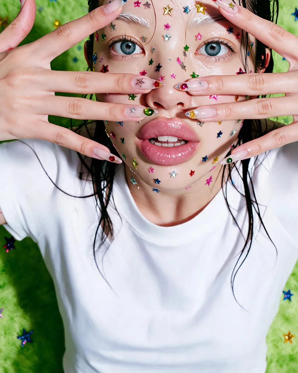Hands with star-tipped nails over the face