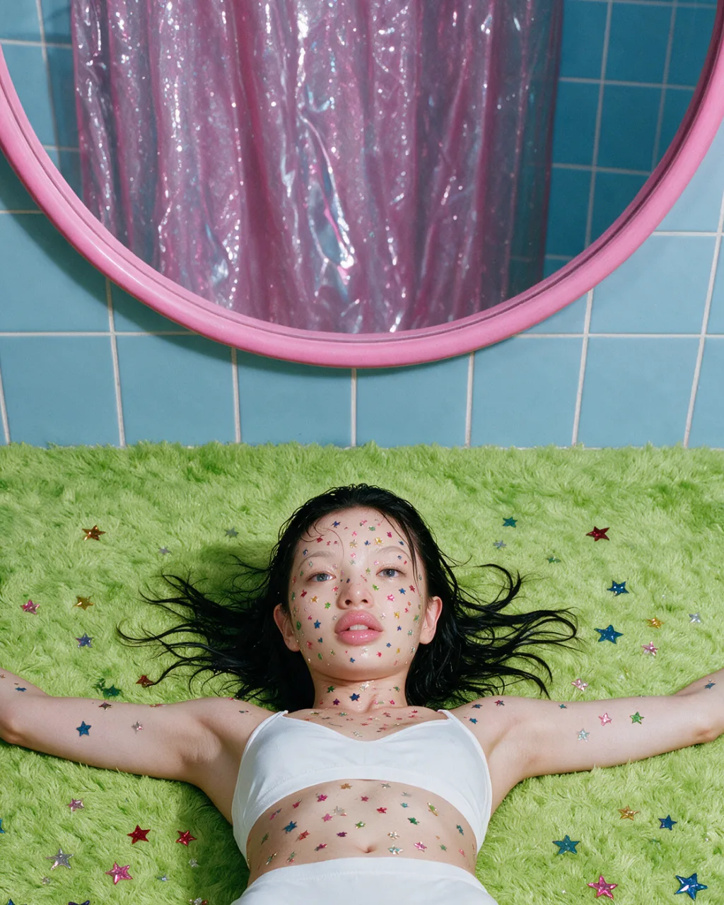 Lying on a green rug, patches on the face