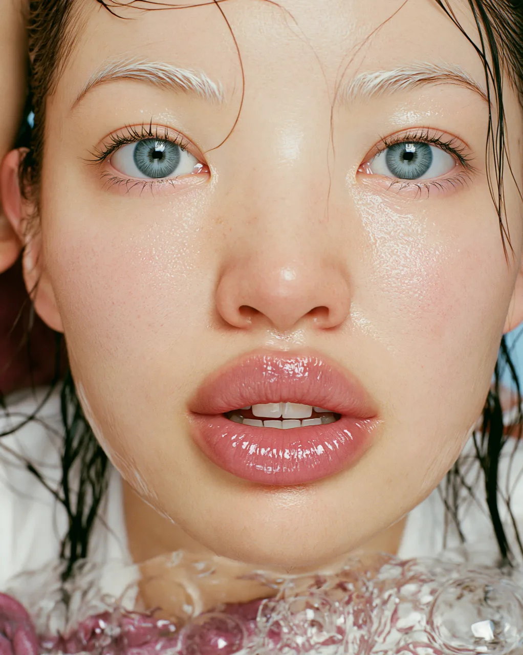 StarFace concept campaign, close portrait with star-shaped patches and glossy lips
