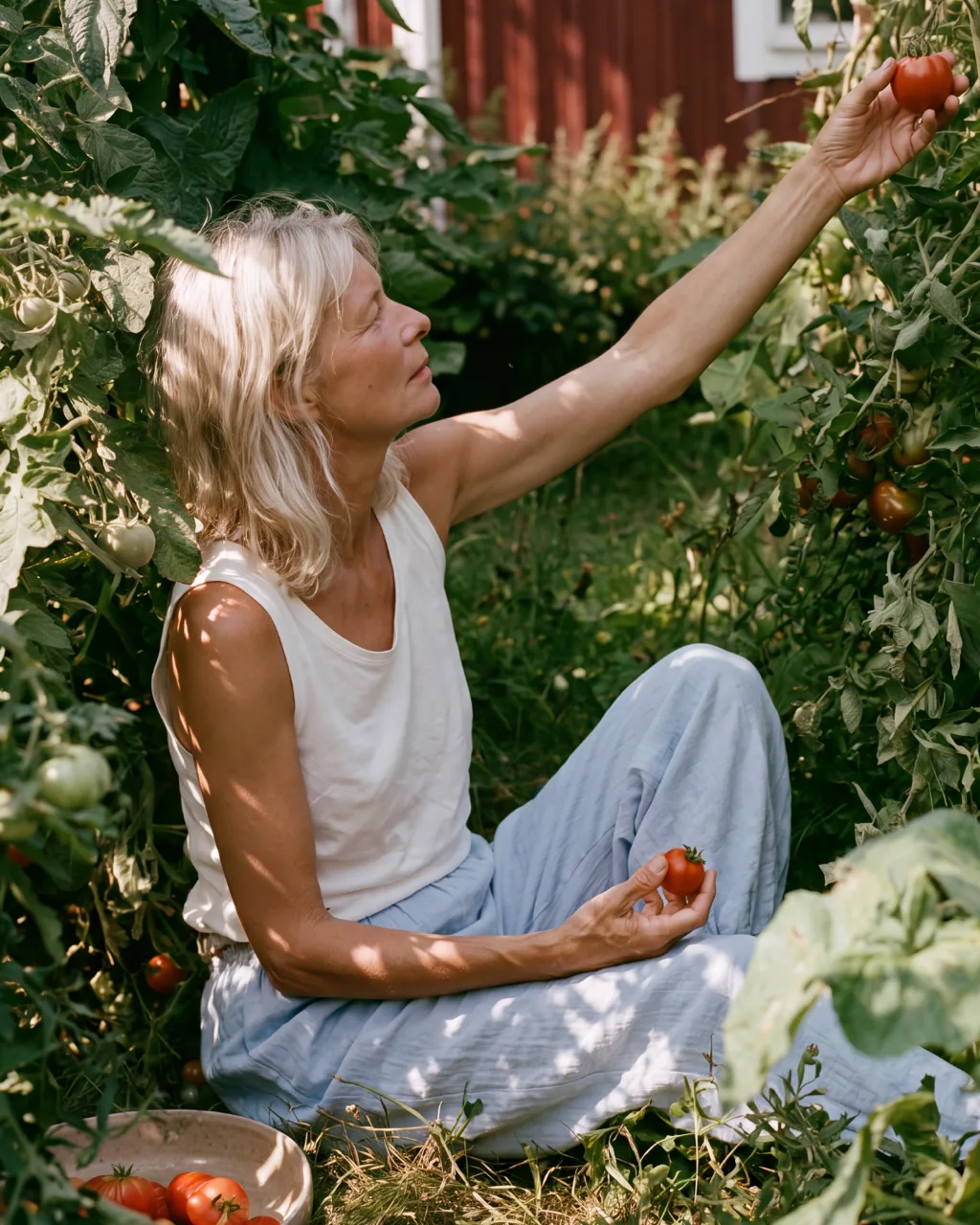 Picking tomatoes from the vine in linen trousers