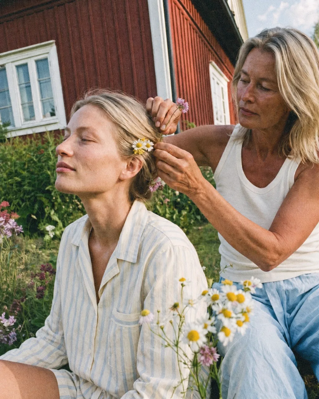 One woman fixing the other's hair beside wildflowers