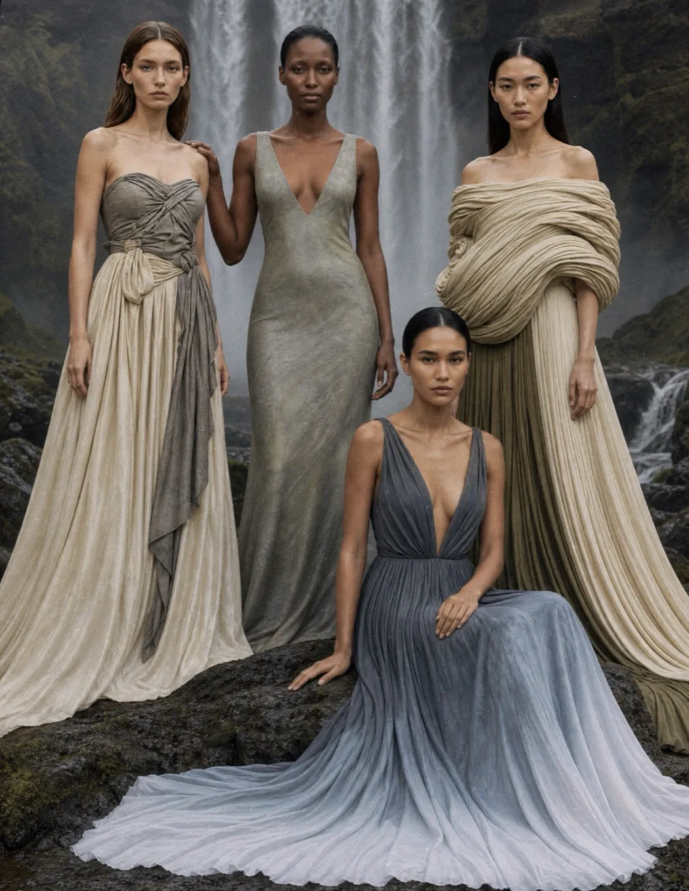 Waterfall editorial concept, four models in draped gowns standing before a waterfall