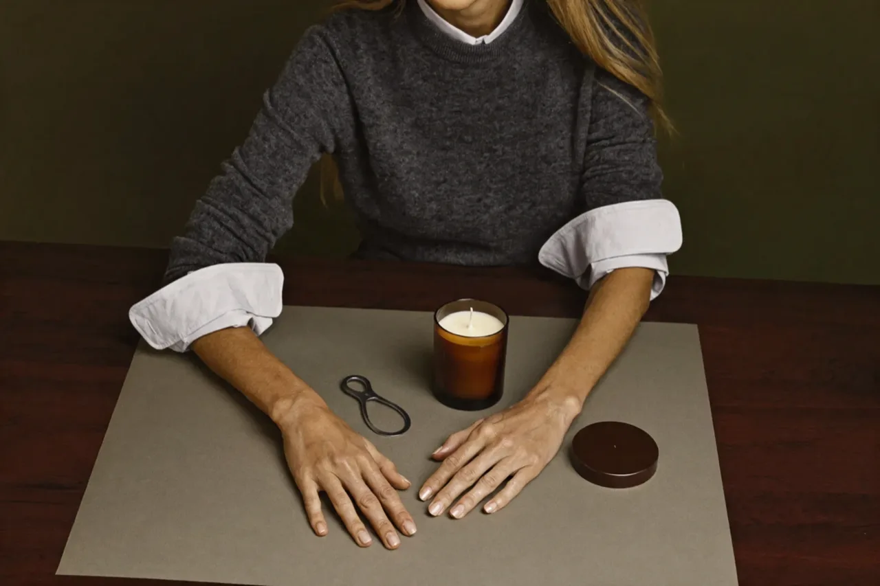 A woman in a grey jumper rests her hands on grey paper beside an amber glass candle, a metal loop and a lid, AI concept work