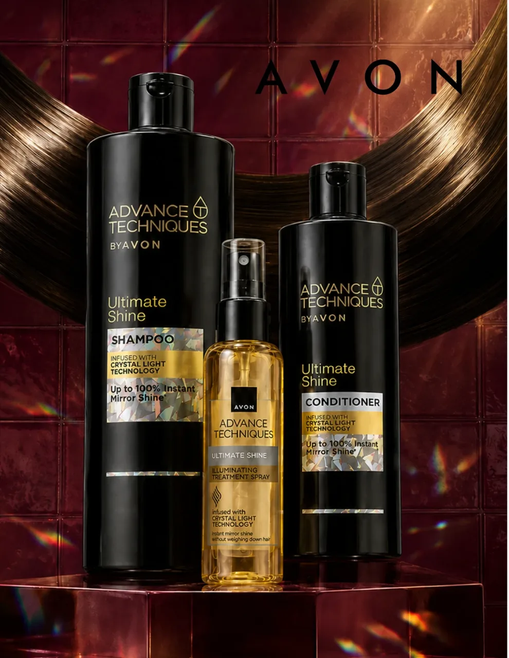 Avon key visual: Advance Techniques Ultimate Shine shampoo, conditioner and treatment spray on burgundy tile, AI concept work