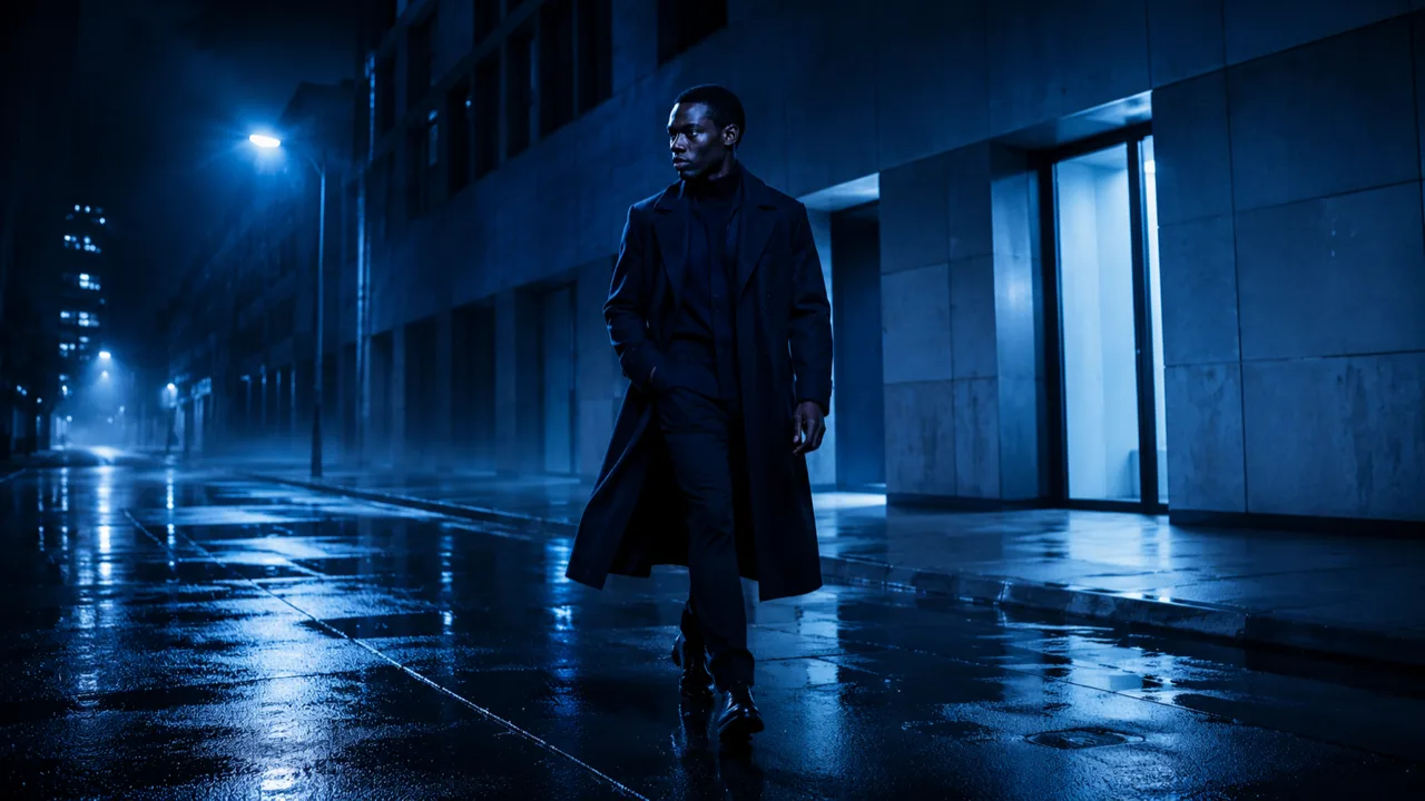 Bleu de Chanel concept: model in a long dark coat walking a wet city street at night under blue light