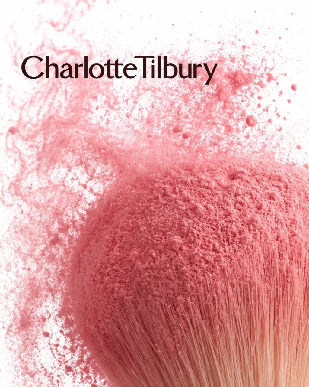 Charlotte Tilbury key visual: a brush bursting with pink blush powder, with the Charlotte Tilbury wordmark, AI concept work