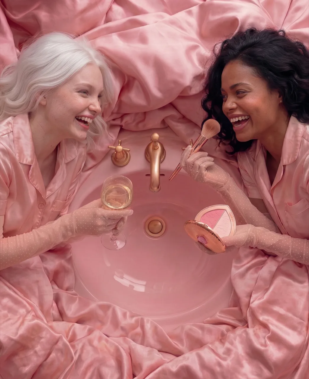 Charlotte Tilbury: two laughing models in pink satin pyjamas around a pink basin set into bedding, AI concept work