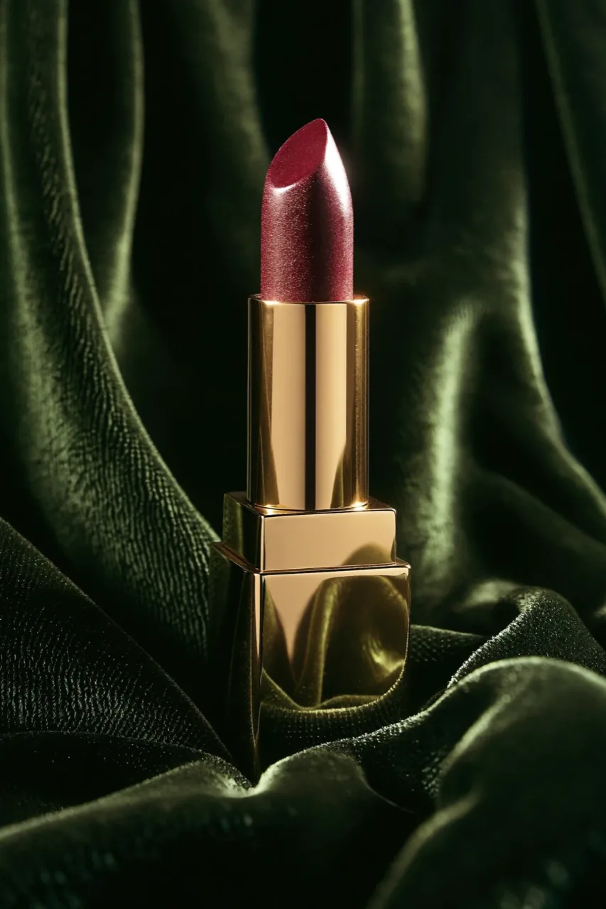 A burgundy shimmer lipstick in a gold case standing on deep green velvet, a Christmas concept frame
