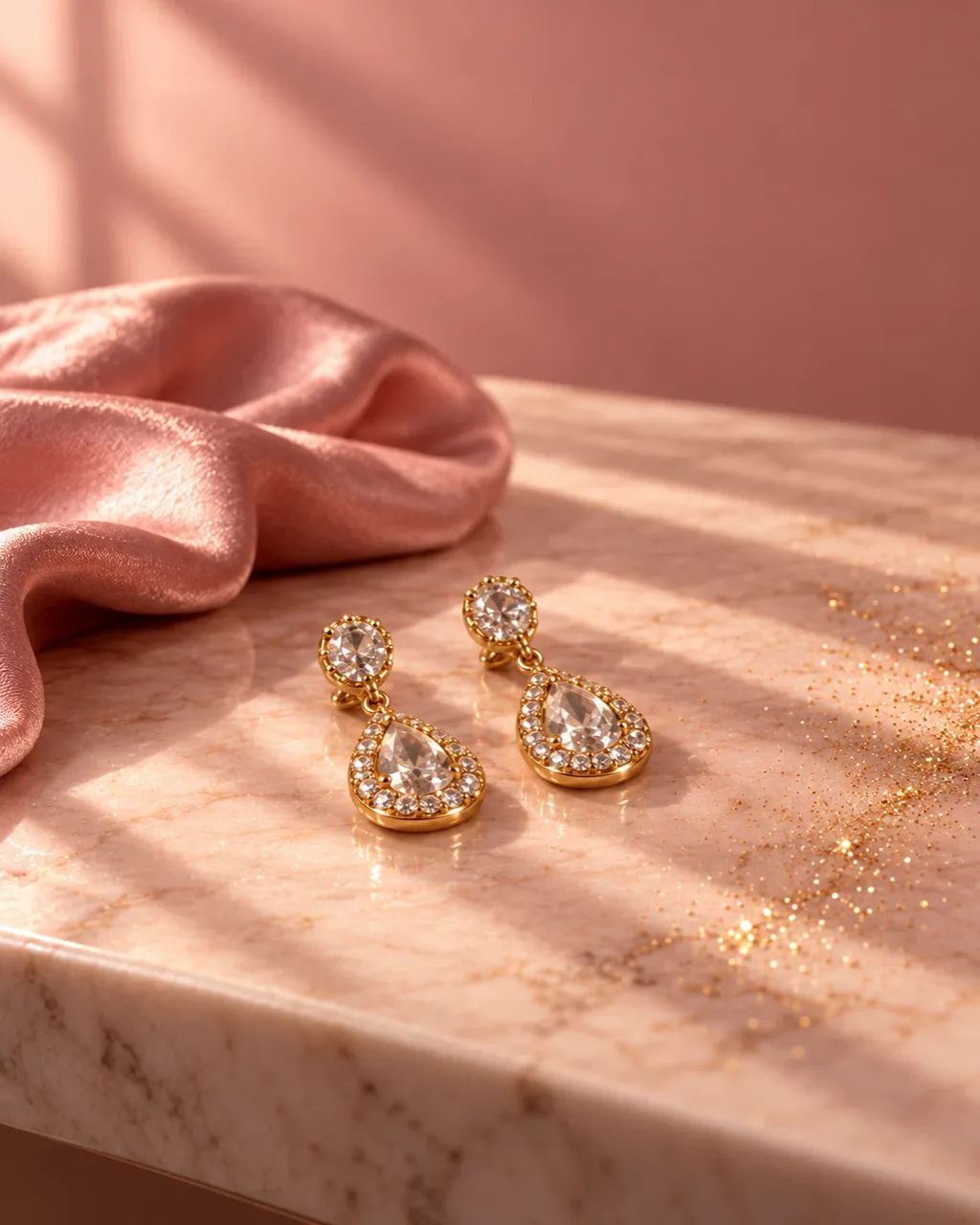 Gold drop earrings with clear stones on pink marble beside blush silk, a trace of gold glitter in the morning light, a Christmas concept frame