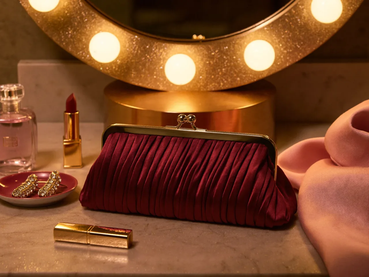 A burgundy satin clutch on a dressing table before a Christmas party, the mirror lights on, with earrings, lipstick and perfume beside it, a concept frame