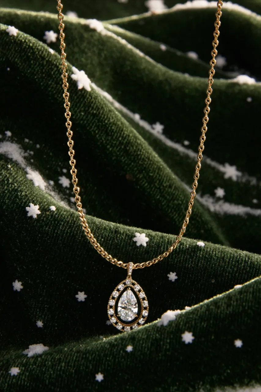 A gold pendant necklace with a pear-cut stone on deep green velvet scattered with snow, a Christmas concept frame