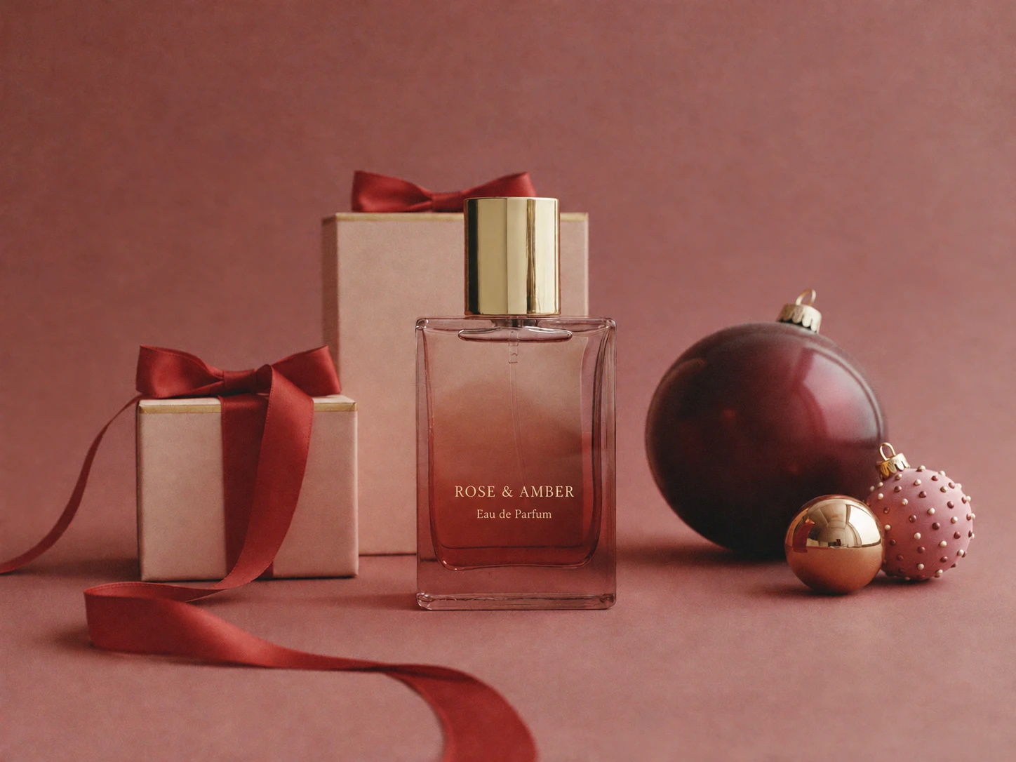 Christmas product photography concept: a ROSE & AMBER eau de parfum bottle with a gold cap before blush gift boxes tied with red satin ribbon, with baubles in matching colours