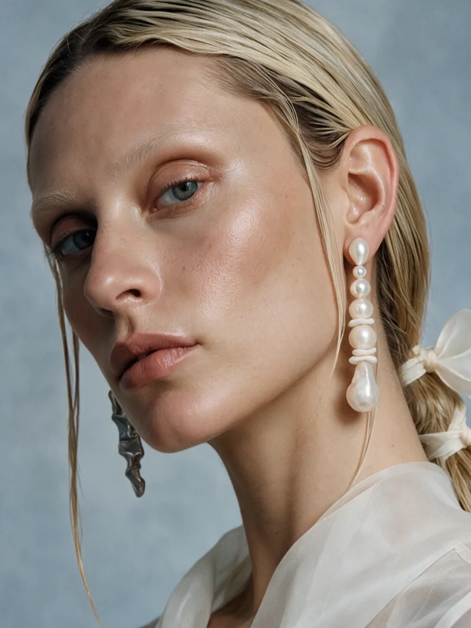 Completedworks concept: a close portrait of a model wearing a pearl drop earring, a silver earring at her other ear