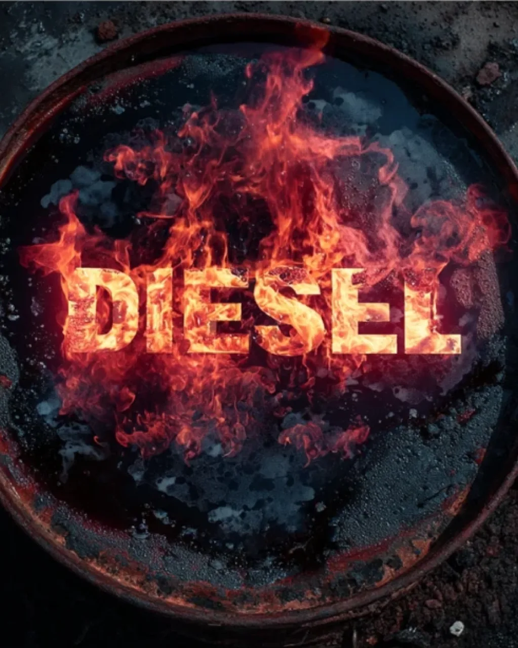 Diesel key visual: the Diesel name in flames inside a rusted barrel, AI concept work