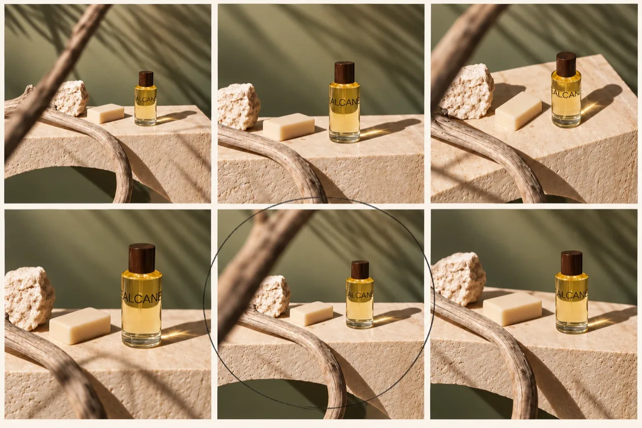A contact sheet of six versions of the EALCANE fragrance still life, with the lower-middle frame circled