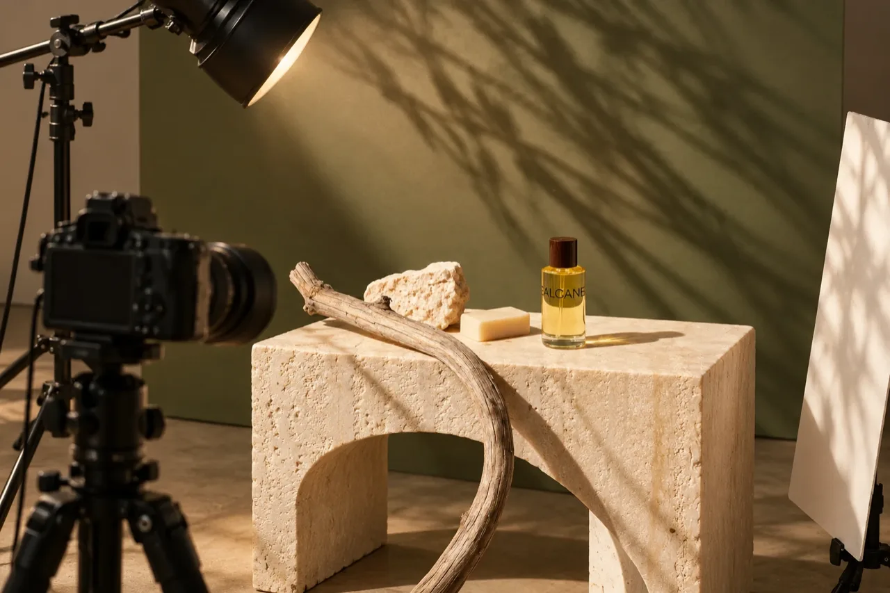 The travertine still life seen from behind the camera, with a studio light on a stand and a white reflector around the set