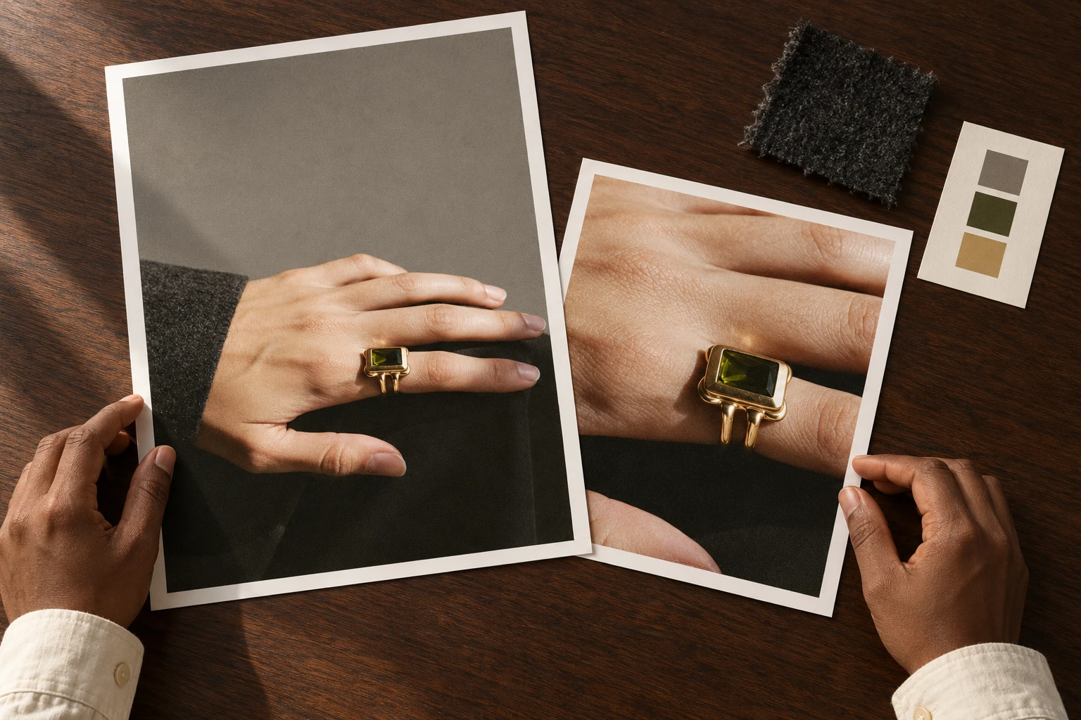 Hands holding a wide print and a close-up print of a gold ring with a green stone, by a wool swatch, AI concept work