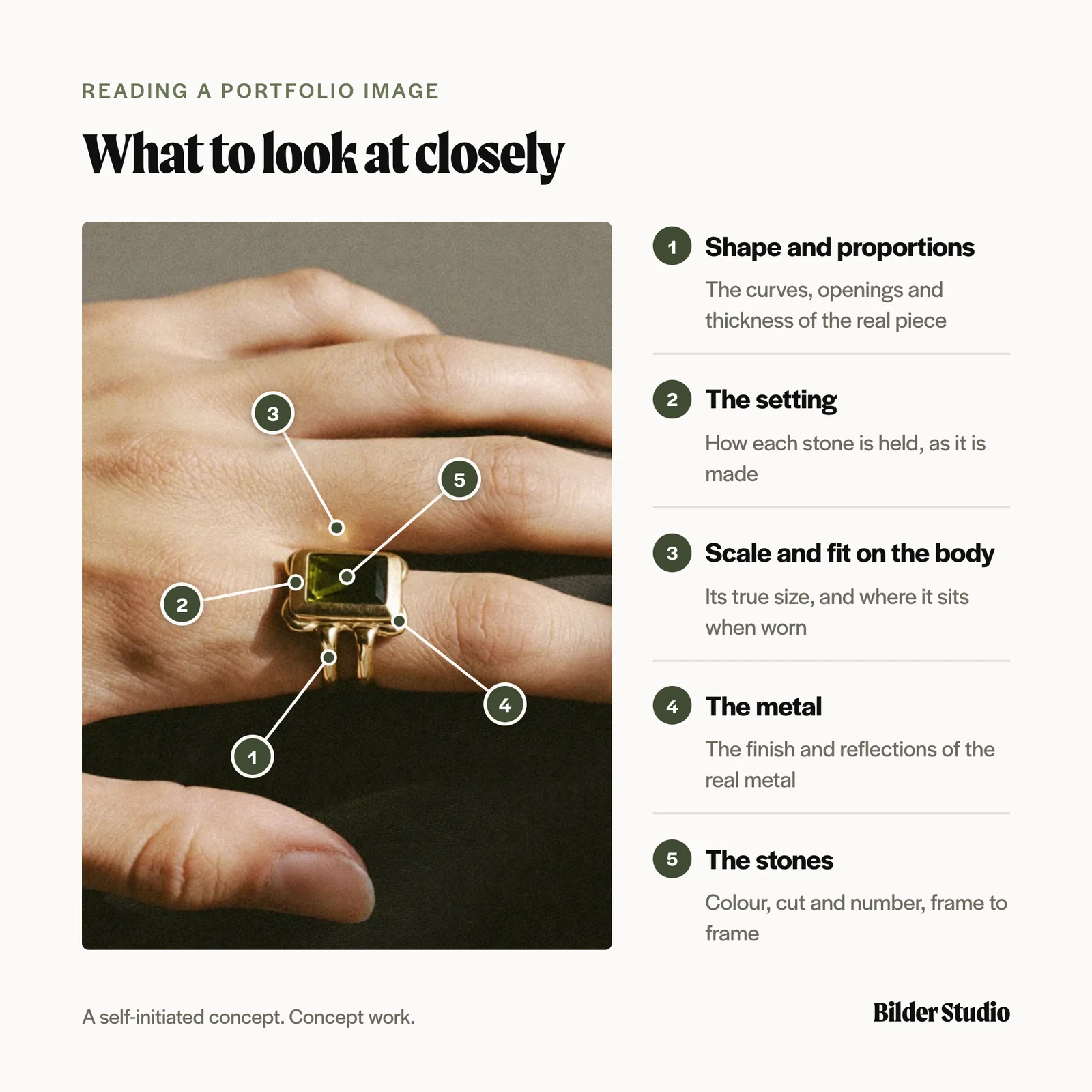 A gold ring with a green stone worn on a hand, with numbered notes on shape, setting, scale, metal and stone, AI concept work