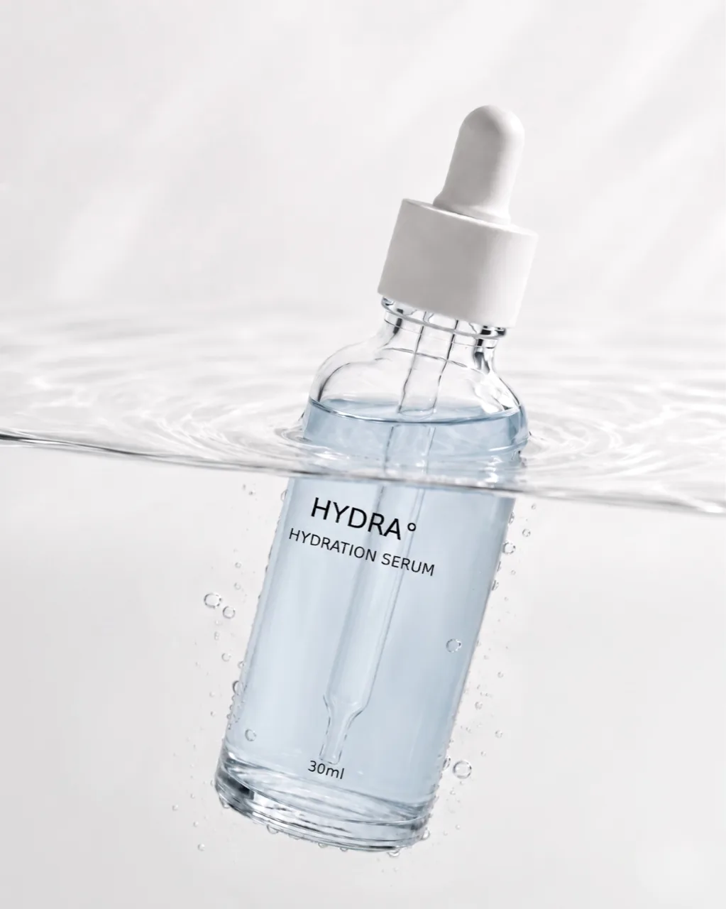 HYDRA hydration serum: the glass dropper bottle half submerged in clear water
