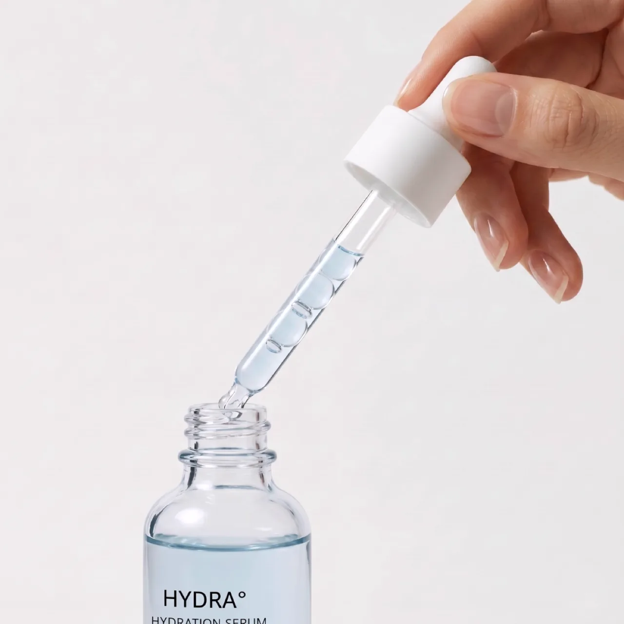 HYDRA hydration serum: a hand draws pale blue serum into the pipette above the open bottle, AI concept work