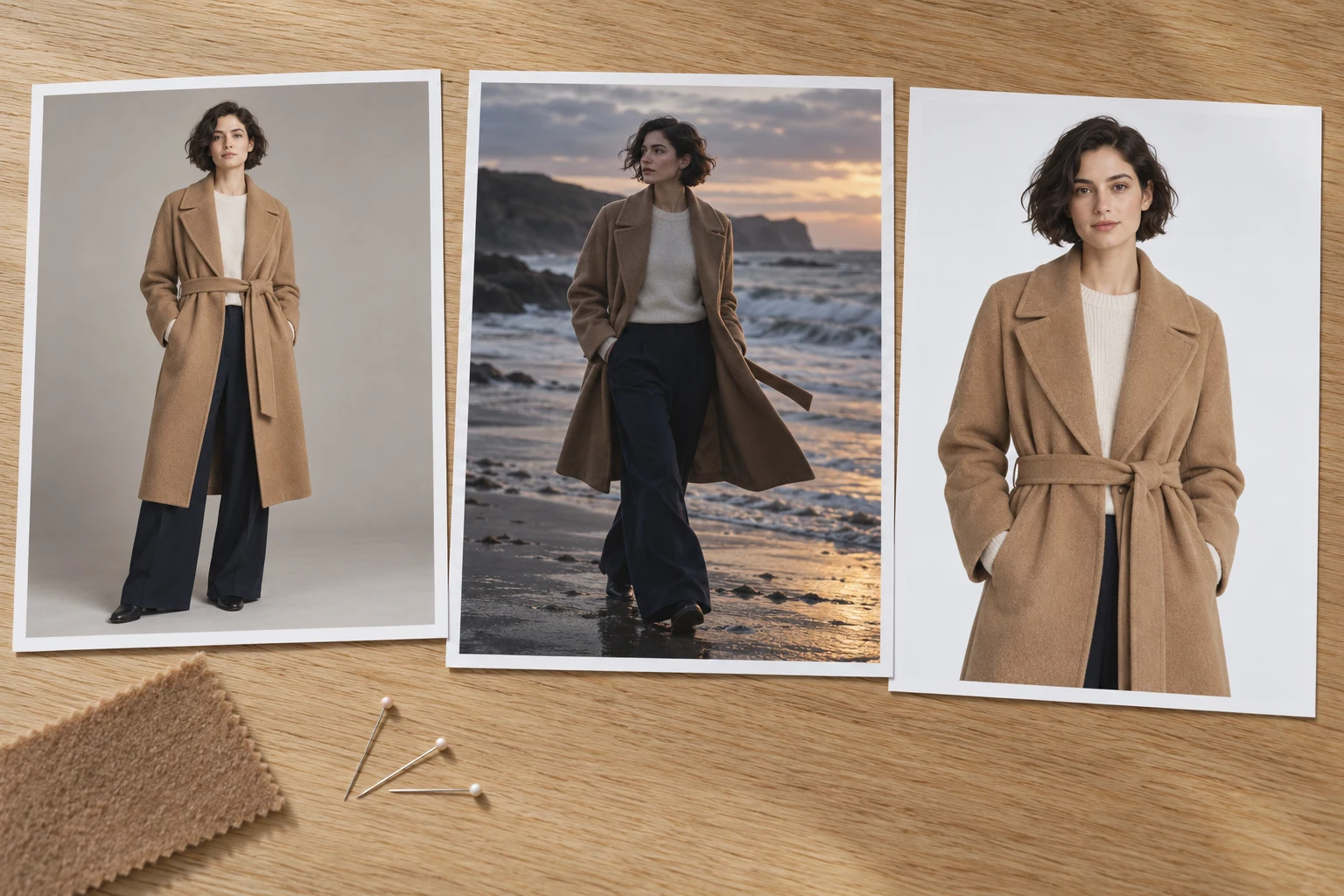 Three prints of one camel coat look, on a grey studio ground, on a beach at dusk and on white, AI concept work