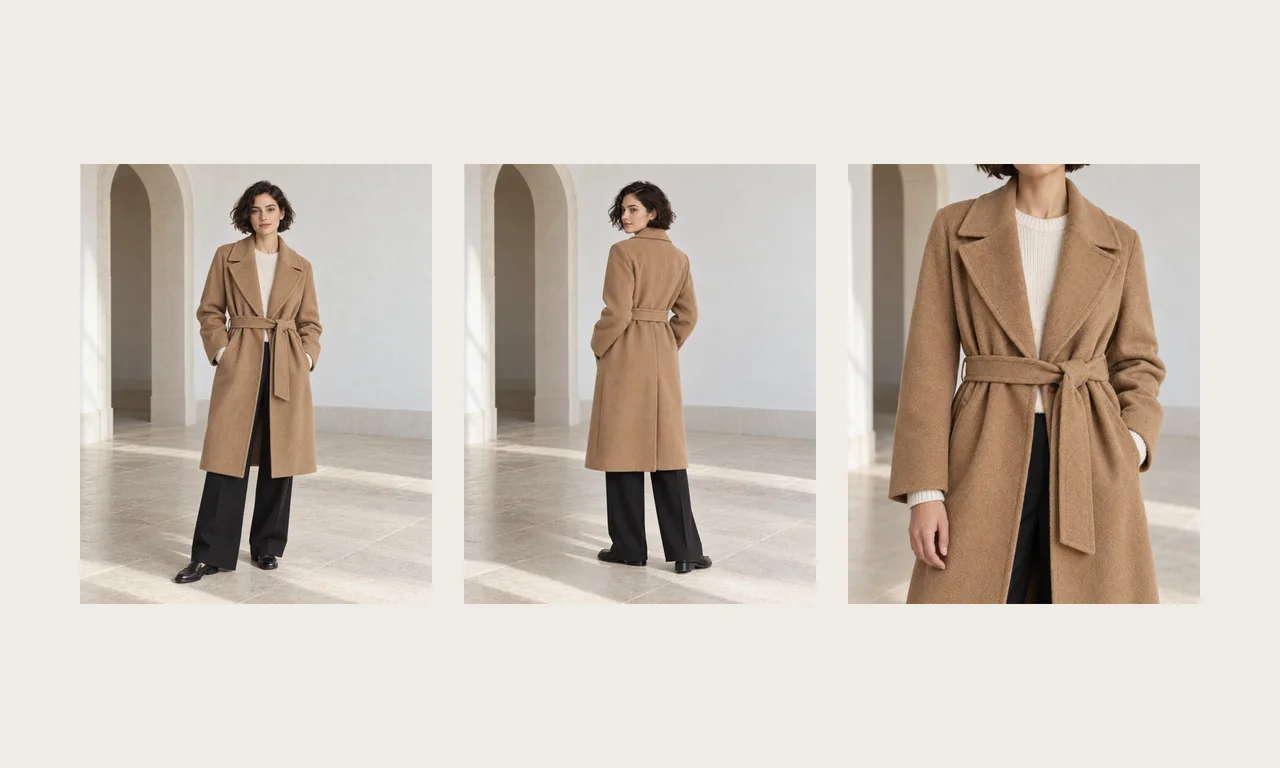 One womenswear look, a camel wrap coat and black wide-leg trousers, from the front, from behind and close up, AI concept work