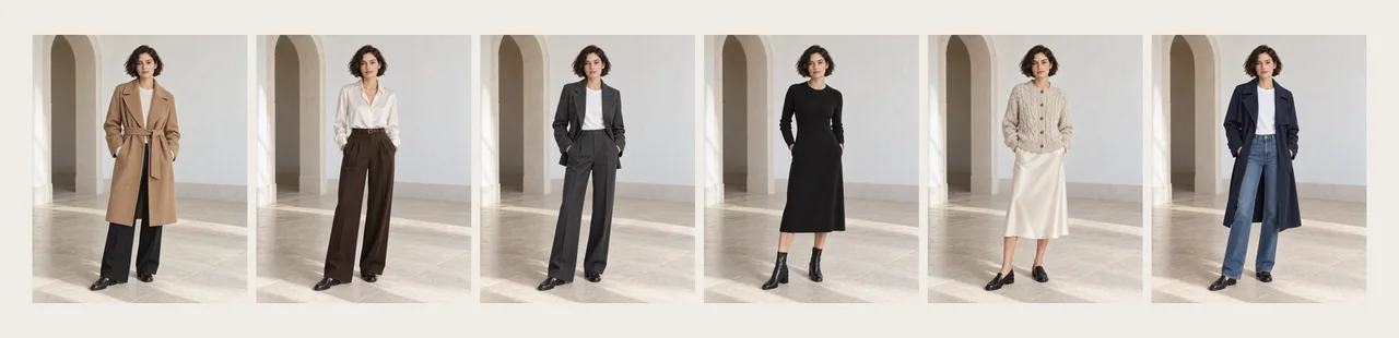 Six womenswear looks on one model in a pale limestone room, from a camel wrap coat to a navy trench, AI concept work