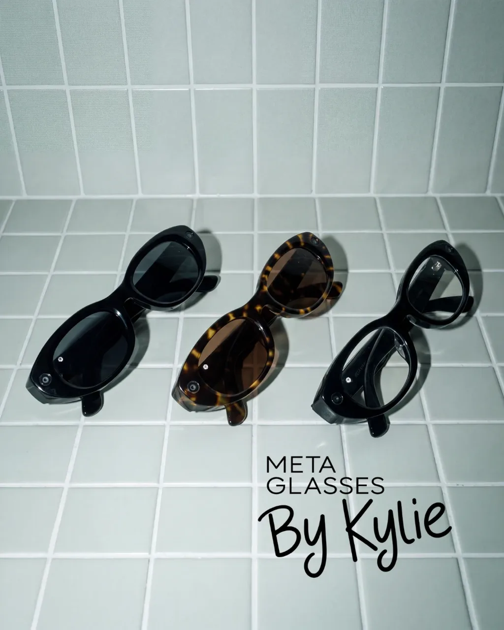 Meta Starfire key visual: three pairs of frames on pale tiles, with the Meta Glasses by Kylie lettering, AI concept work