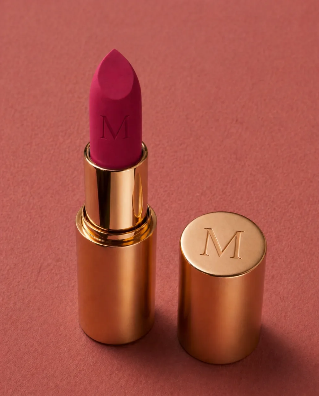 MUSE lipstick in a gold case beside its cap engraved with the M monogram, on a dusty rose ground