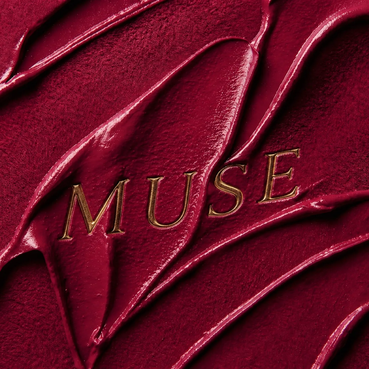 MUSE key visual: the MUSE name pressed into deep red lipstick texture, AI concept work